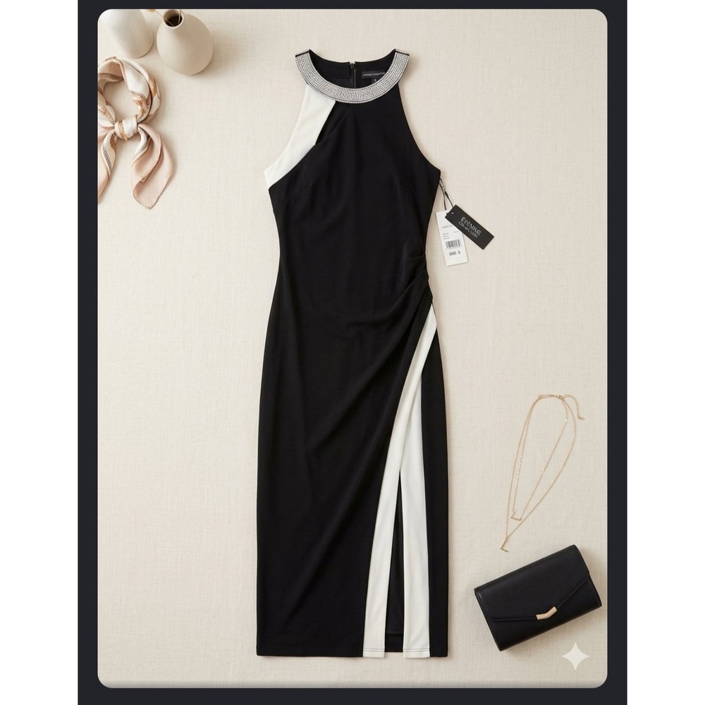 MSK Black White Rhinestone Neck Colorblock Halter Midi Dress Size 6 NWT